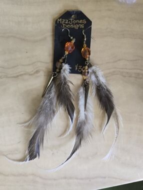 New!Feather Earrings Drop Chain with Spike charm Handcrafted Boho Native Western